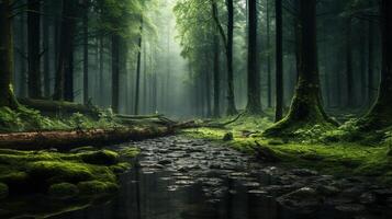 AI generated Rainy Forest Serenity Background photo