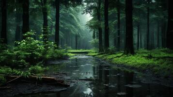 AI generated Rainy Forest Serenity Background photo