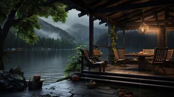 AI generated Rainy Lakeside Retreat Background photo