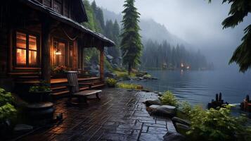 AI generated Rainy Lakeside Retreat Background photo