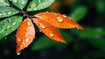 AI generated Rainy Leaves and Droplets Background photo