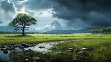 AI generated Rainy Meadow Background photo