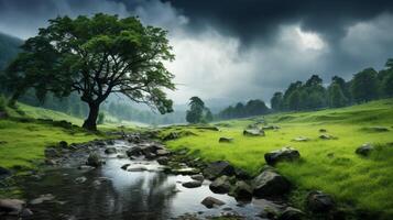 AI generated Rainy Meadow Retreats Background photo