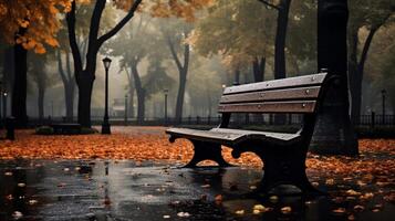 AI generated Rainy Park Bench Background photo