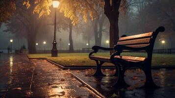 AI generated Rainy Park Bench Background photo