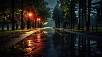 AI generated Rainy Roadway Reflections Background photo