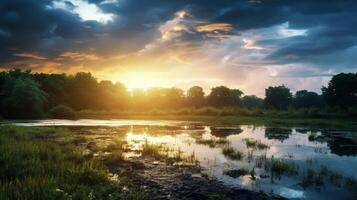 ai generado lluvioso amanecer belleza antecedentes foto