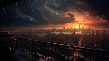 AI generated Rainy Sunset Over City Background photo