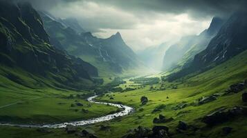 AI generated Rainy Valley Landscape Background photo