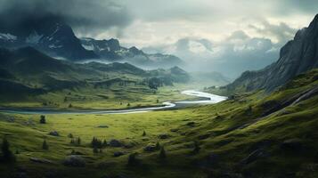 AI generated Rainy Valley Landscape Background photo