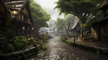 AI generated Rainy Village Life Background photo