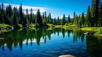 ai generado un río fluido mediante un verde bosque foto