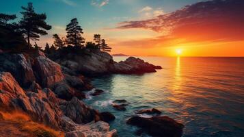 AI generated Rocky Coastline at Sunset Landscape Background photo