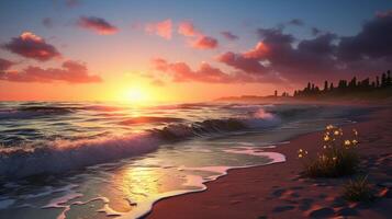 AI generated Romantic Seashore Sunrise Background photo