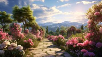 AI generated Rosemary Rose Garden Bliss Background photo