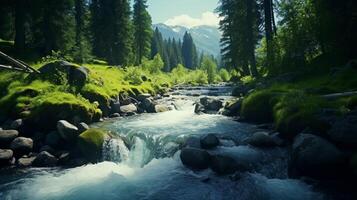 ai generado un río fluido mediante un verde bosque foto