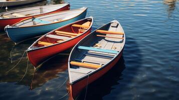 ai generado navegación barco en lago con arboles y montañas foto