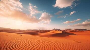 AI generated desert landscape with sand dunes and mountains at sunset photo