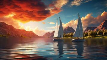 AI generated sailing boat on lake with trees and mountains photo