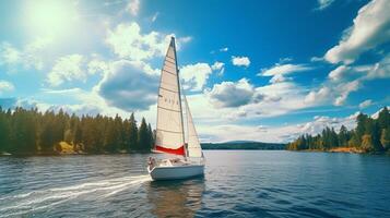 ai generado navegación barco en lago con arboles y montañas foto