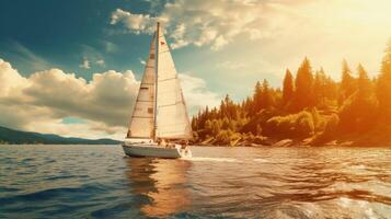 AI generated sailing boat on lake with trees and mountains photo