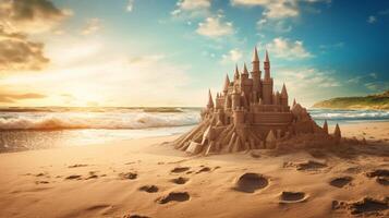 AI generated Sand Castle on the Beach Background photo