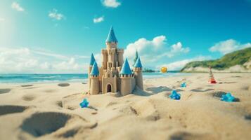ai generado un arena castillo en el playa con azul cielo foto