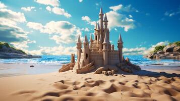 ai generado un arena castillo en el playa con azul cielo foto