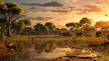 AI generated Savannah Wildlife Landscape Background photo