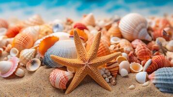 AI generated starfish and shells on the beach photo