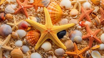 AI generated starfish and shells on the beach photo