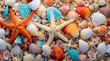ai generado estrella de mar y conchas en el playa foto