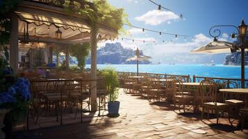 AI generated Seaside Cafe Background photo