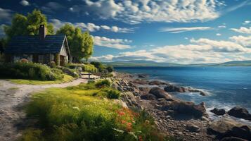 AI generated Seaside Cottage Background photo