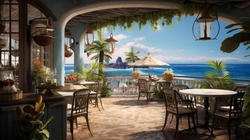 AI generated Seaside Cafe Background photo