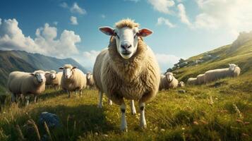 AI generated a sheep stands on a hill overlooking a valley photo