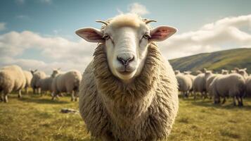 AI generated a sheep stands on a hill overlooking a valley photo