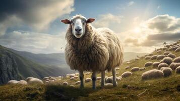 AI generated a sheep stands on a hill overlooking a valley photo