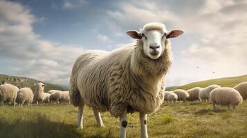 ai generado un oveja es en pie en un campo con otro oveja foto