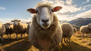 ai generado un oveja es en pie en un campo con otro oveja foto