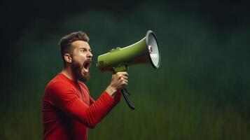 AI generated man holding megaphone standing on Moss Green background photo