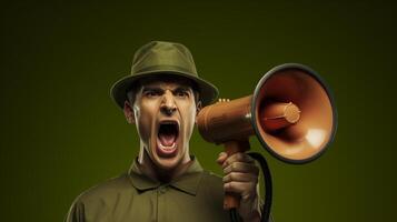 AI generated man holding megaphone standing on Olive Drab background photo