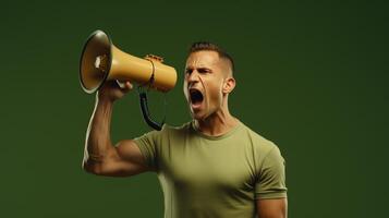 AI generated man holding megaphone standing on Olive Green background photo