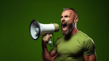 AI generated man holding megaphone standing on Olive Green background photo