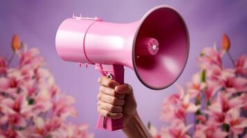 AI generated man holding megaphone standing on Orchid background photo