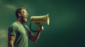AI generated man holding megaphone standing on Olive background photo