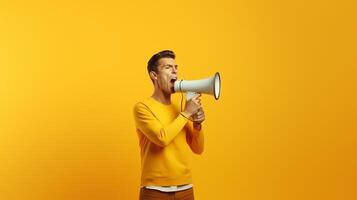AI generated man holding megaphone standing on Mustard background photo