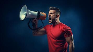 AI generated man holding megaphone standing on Navy background photo