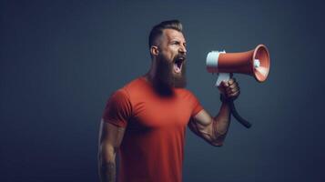 AI generated man holding megaphone standing on Navy background photo