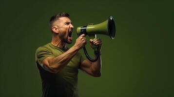 AI generated man holding megaphone standing on Olive Green background photo